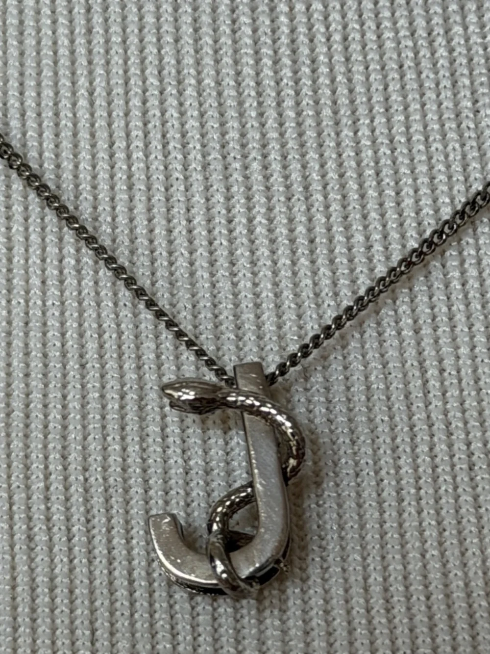 Saint Laurent YSL Sterling Silver J Initial Letter Snake Pendant Chain Necklace